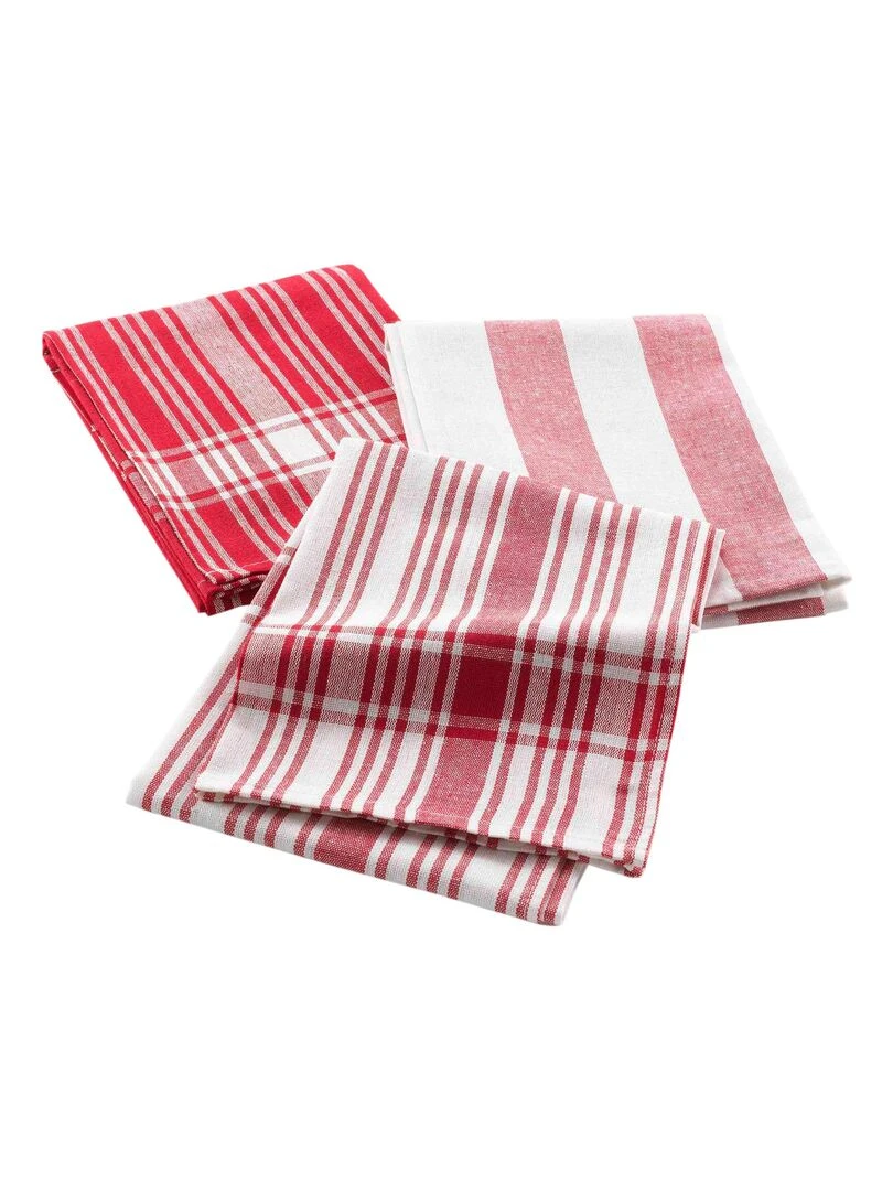 3 Serviettes torchons coton tisse Bayados Rouge