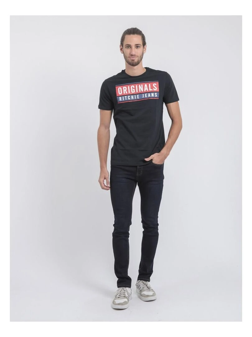 T shirt col rond pur coton JANVILLE   Bleu marine