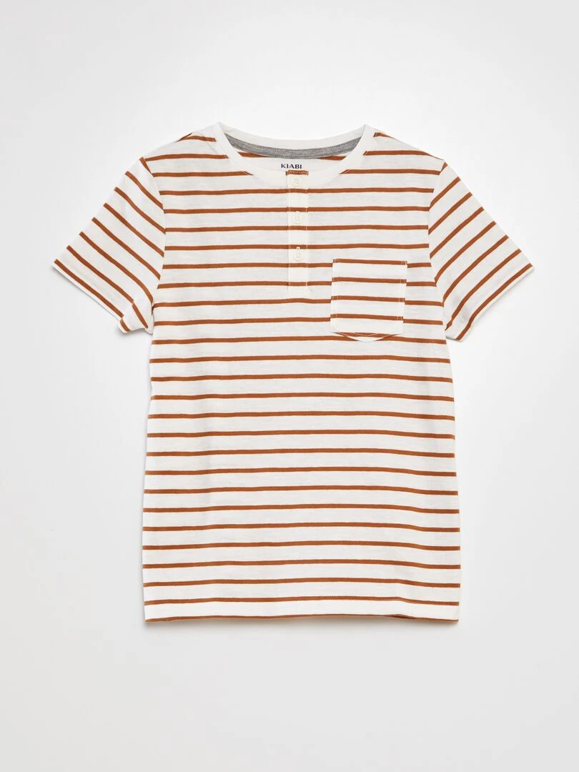 T shirt à col tunisien avec rayures Marron/blanc