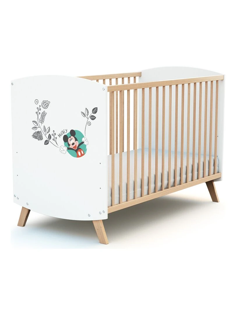 AT4 Lit bébé Disney Doodle Zoo Mickey en bois Blanc et Hêtre 60 x 120 cm Marron clair