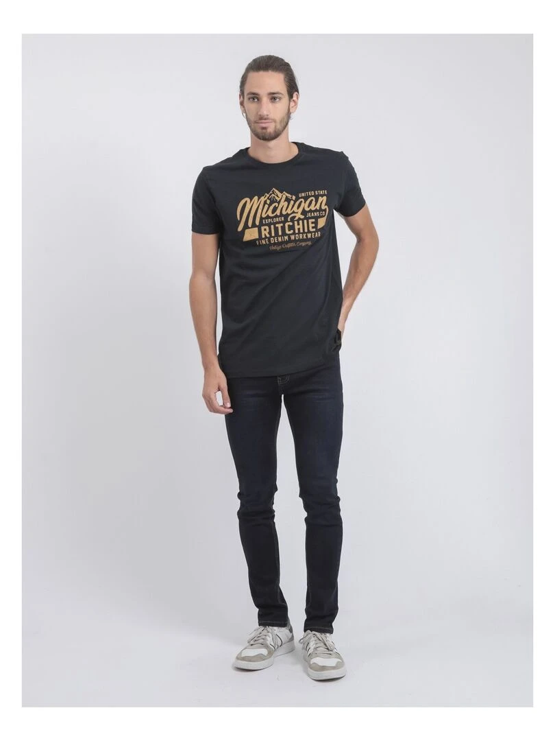 T shirt col rond pur coton JOULTIX   Bleu marine