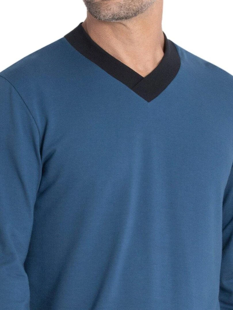 Pyjama long cardé 100% coton à micro motif jacquard Zen   Bleu