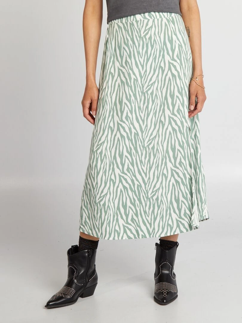 Jupe fluide midi imprimée zébré vert/blanc