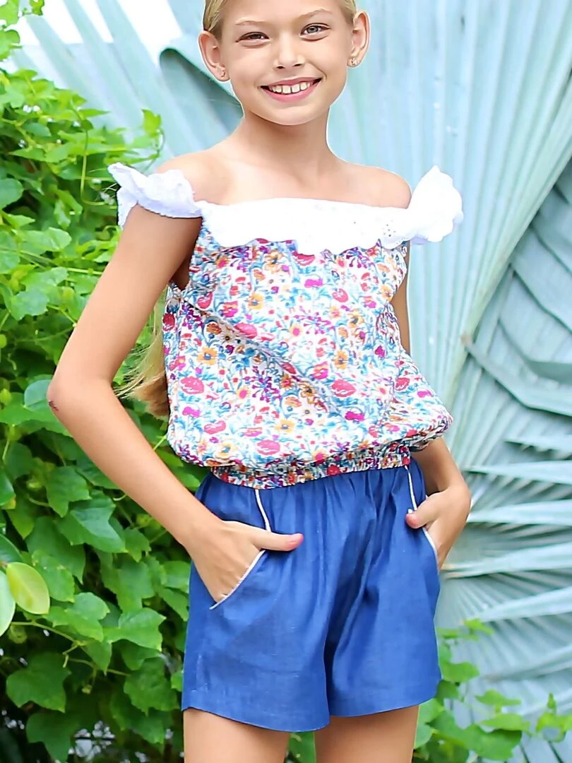 Combi Short Été Fille Col Élastique Liberty Fleuri Bleu LOLITA La Faute à Voltaire Bleu Rose Blanc