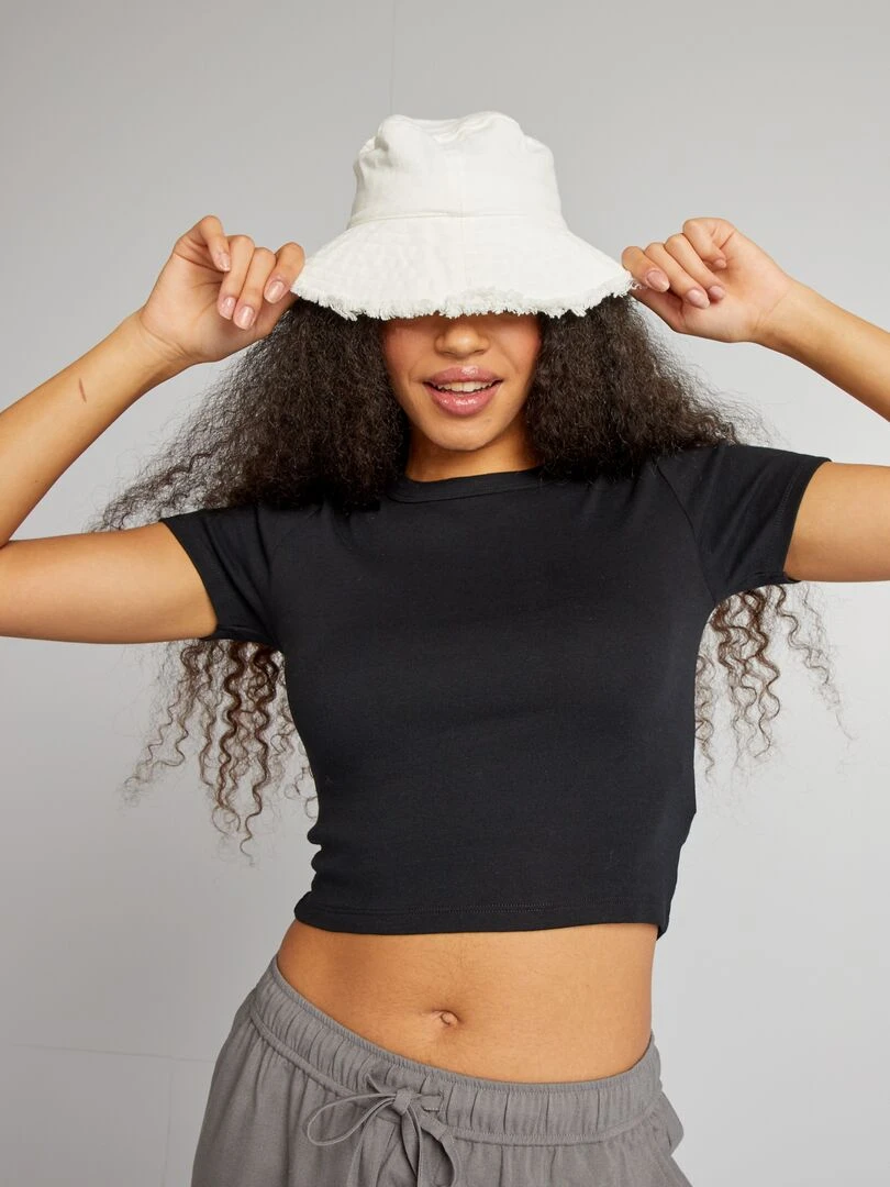 T shirt cropped manches courtes noir
