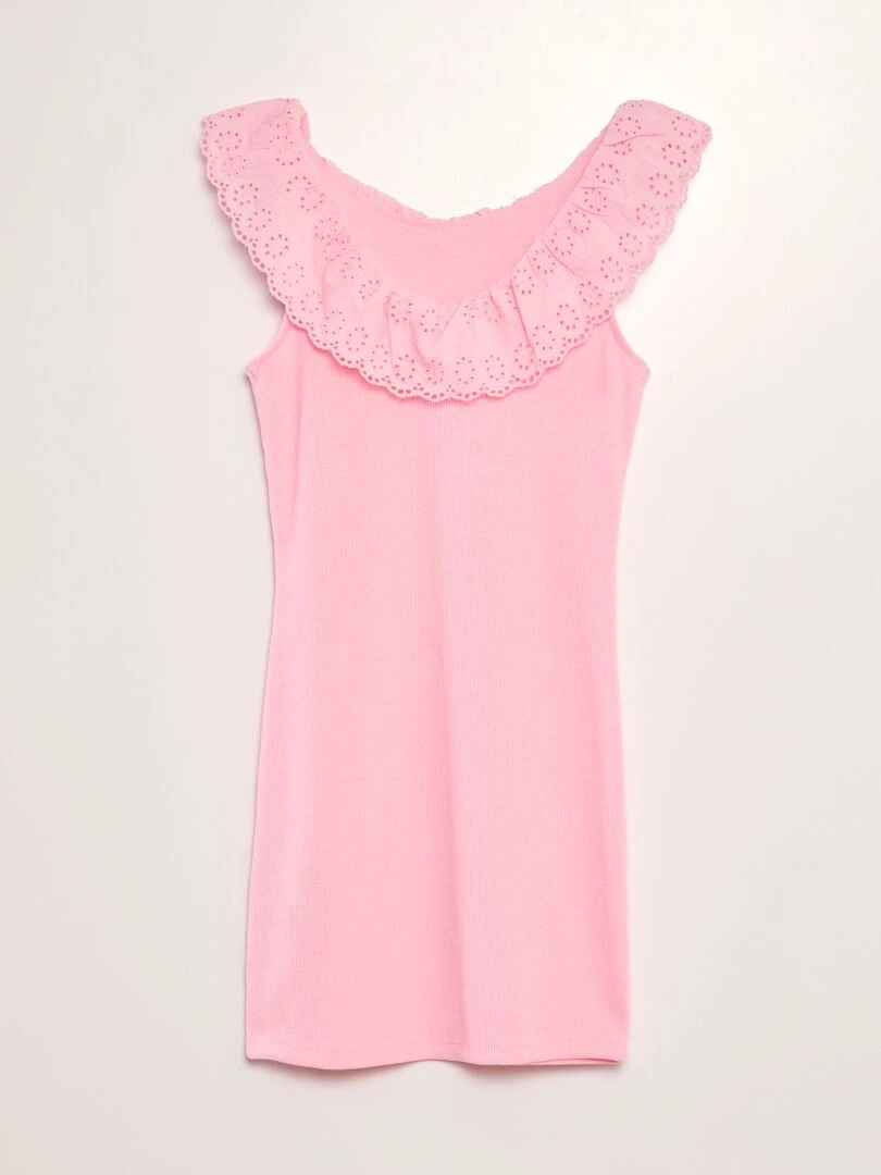 Robe côtelée avec large col brodé Rose