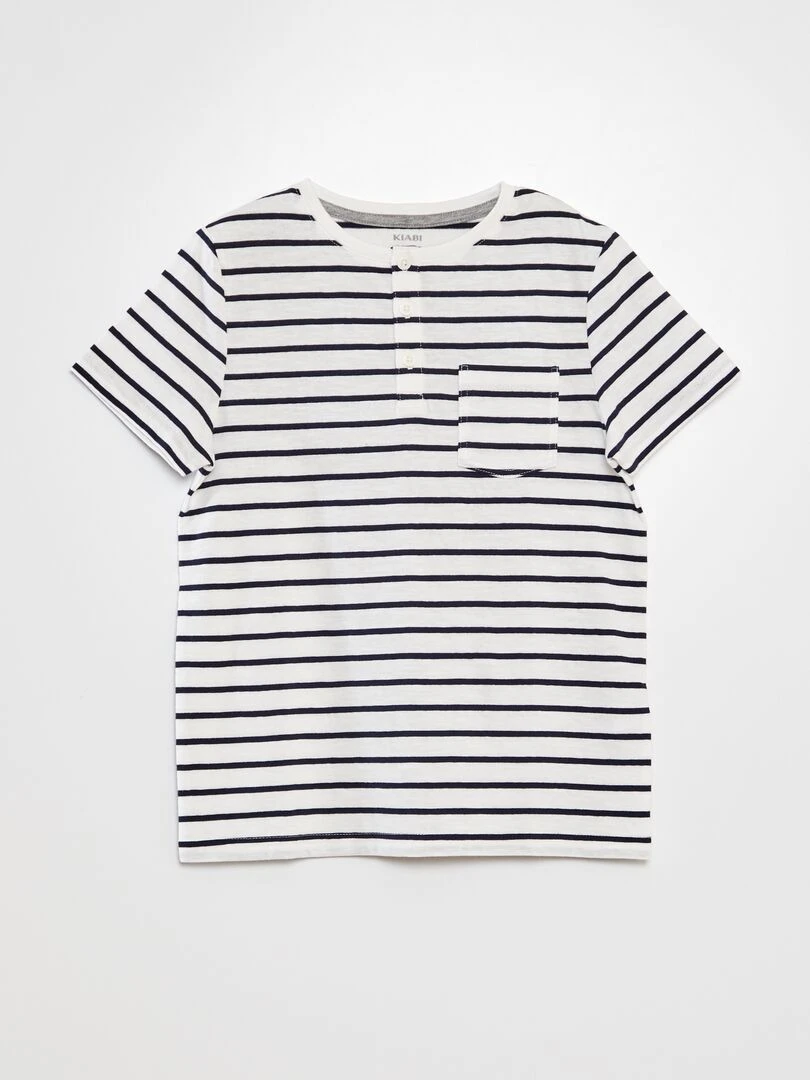 T shirt à col tunisien avec rayures Blanc/bleu marine