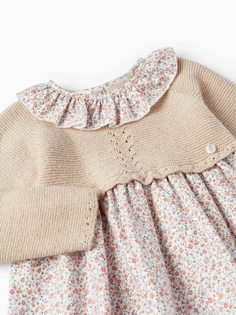 Robe Combinée en Maille et Coton pour Bébé Fille 'Floral' manches longues SPRING BEGINS   Beige clair