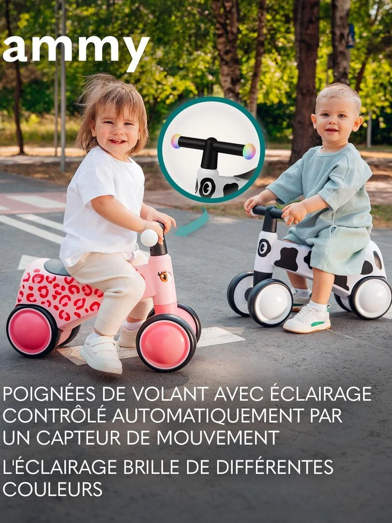 LIONELO Sammy Vélo enfant Draisienne à 4 Roues Lumières colorées 1 3 ans Jusqu'à 30 kg Blanc Noir