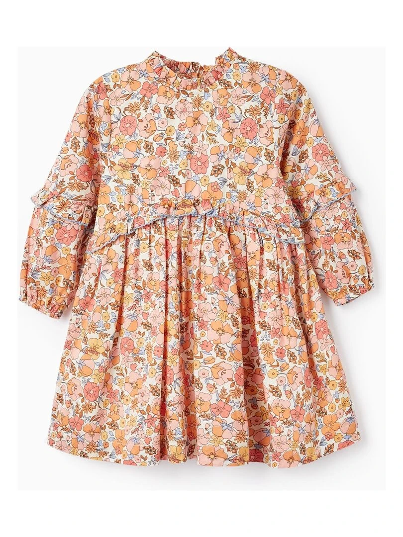 Robe en coton à motif floral pour bébé fille manches longues BROTHERS&SISTERS Blanc Orange clair