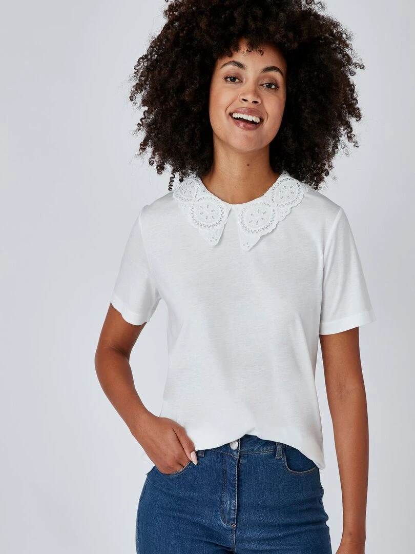 Tee shirt col broderie anglaise Damart Blanc cassé