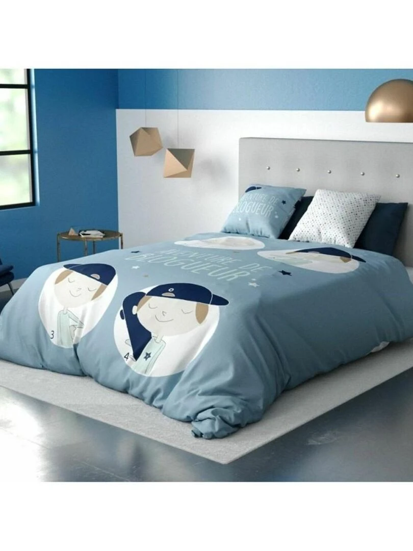 Housse de couette 140x200 Blogueur + taie 100% coton   Bleu