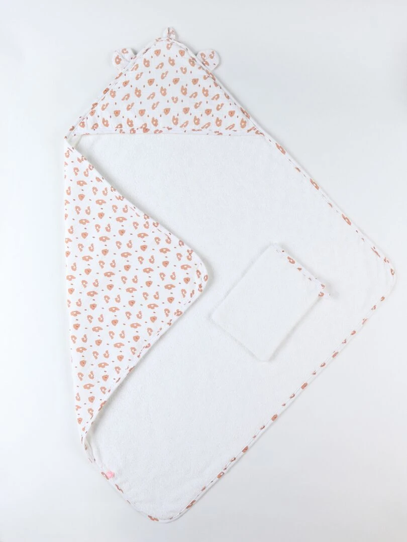 Set de bain léopard en éponge et mousseline  écru/terracotta   Blanc