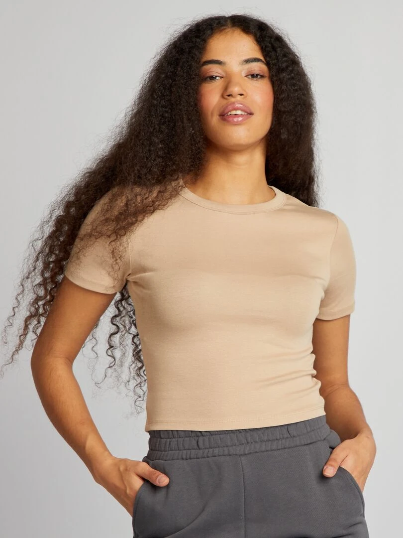 T shirt cropped manches courtes Beige