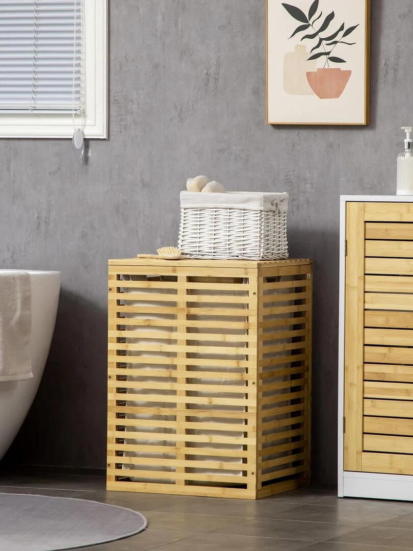 Panier à linge bambou sac amovible polyester beige Beige