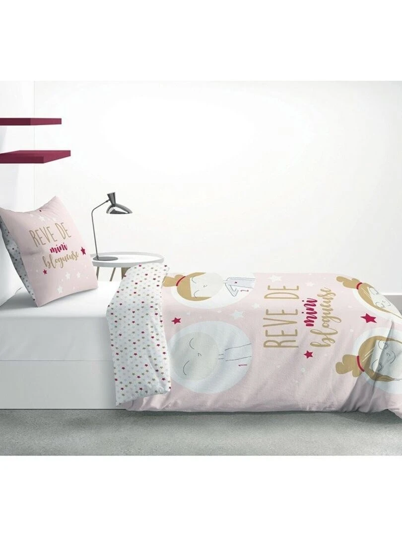 Housse de couette 140x200 Blogueuse + taie 100% coton Rose