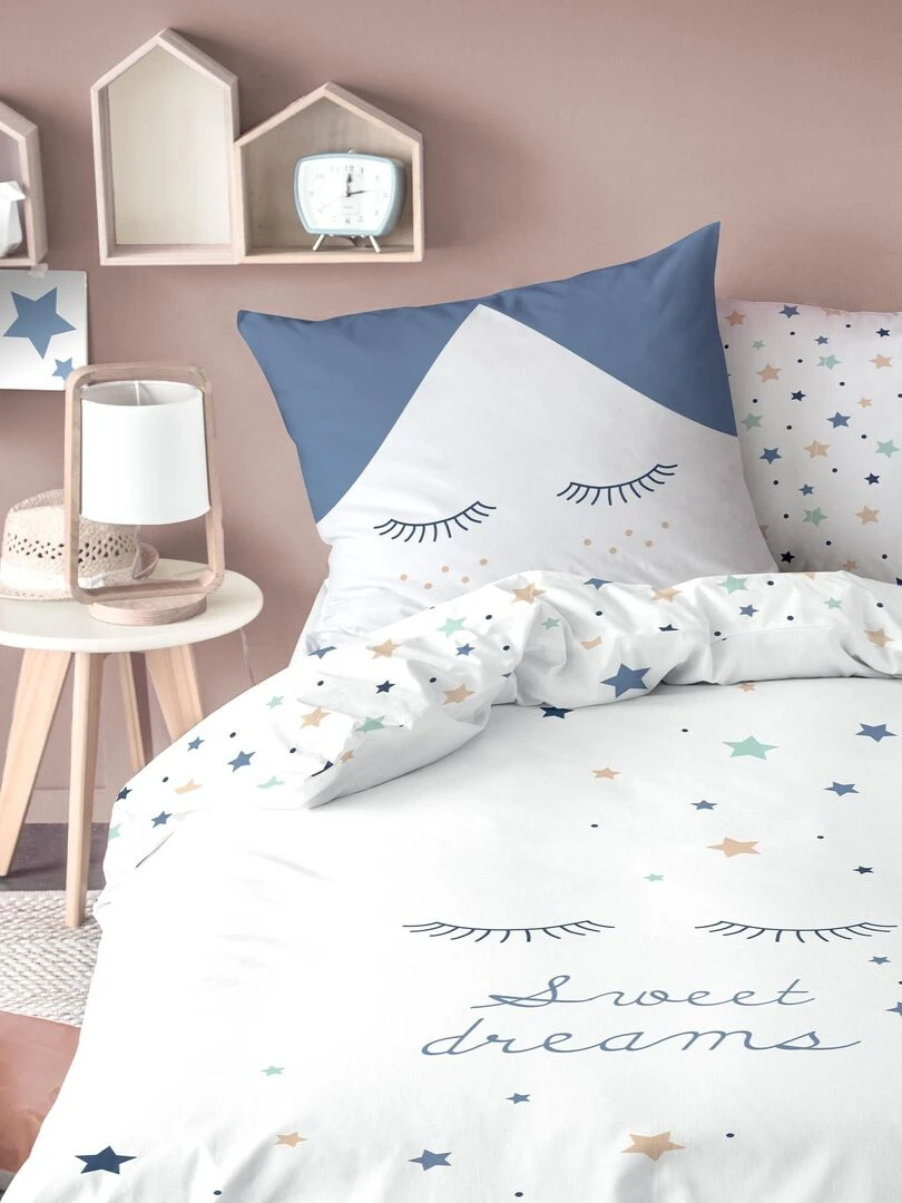 Parure de lit imprimée 100% coton SWEET DREAMS Blanc Bleu