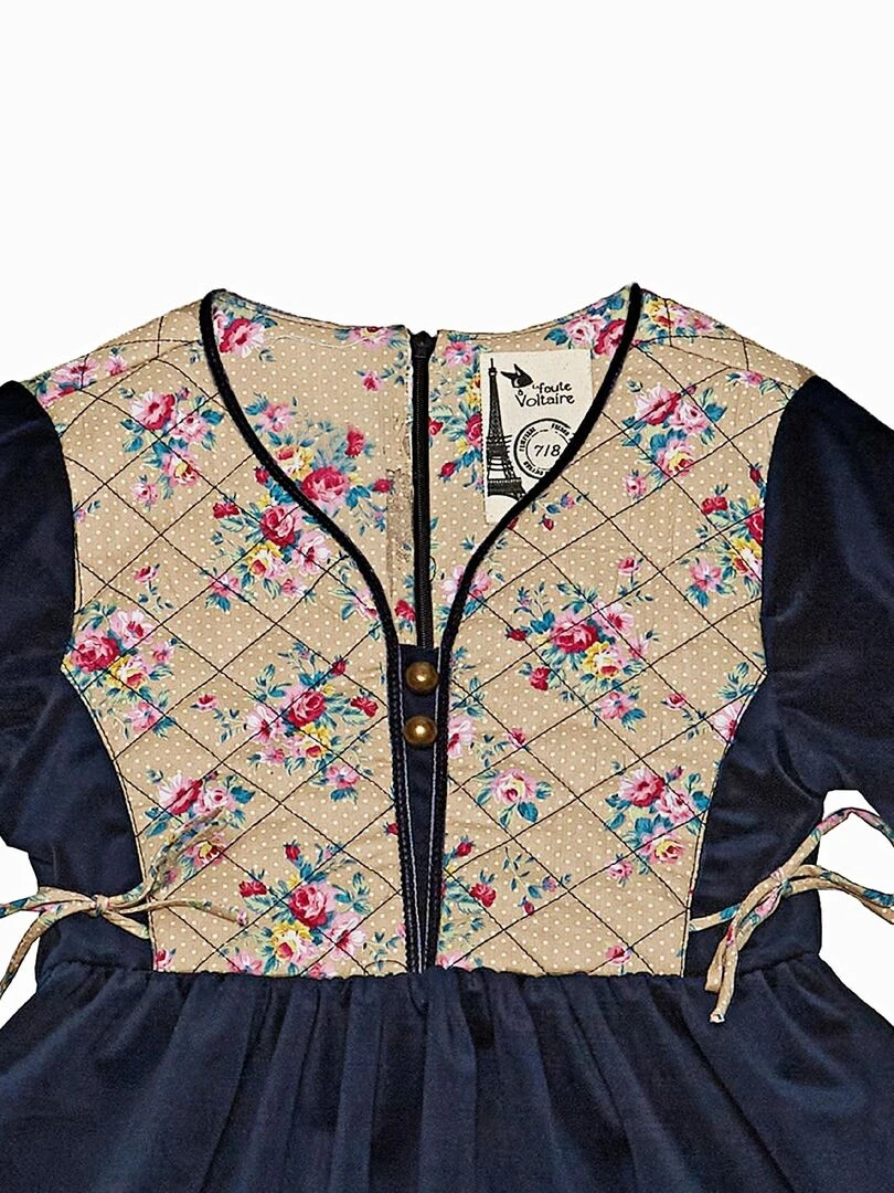 Robe Hiver Fille  Velours Bleu Marine Fleurie Beige Rose  MARGOT   'LA FAUTE A VOLTAIRE'   Bleu marine