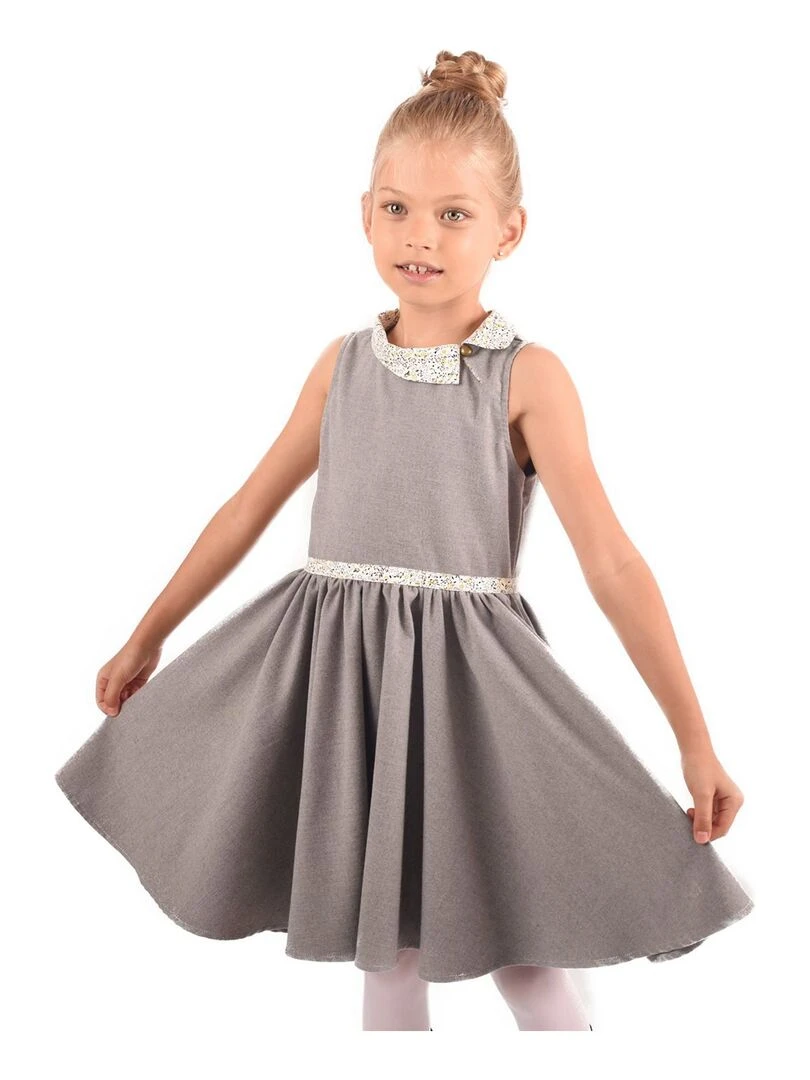 Robe Qui Tourne Fille Laine Grise Col Claudine Fleuri HEPBURN 'LA FAUTE A VOLTAIRE' Gris clair
