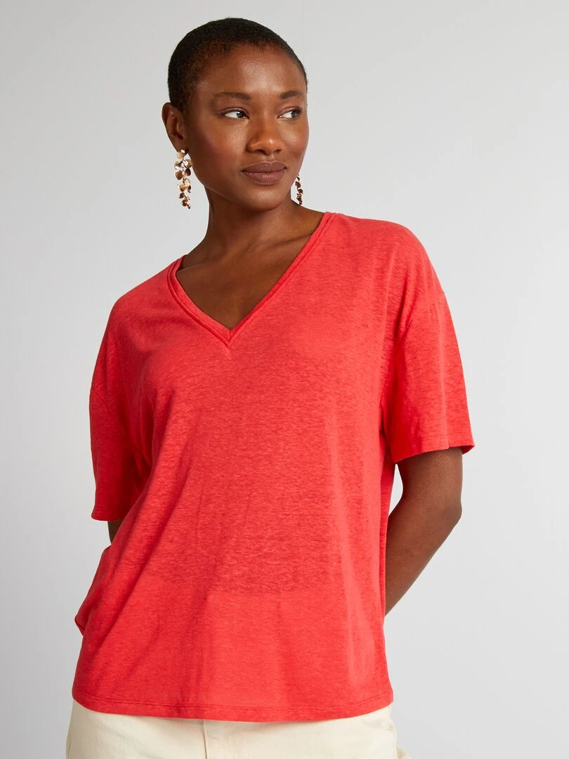 T shirt à col V avec lin   rouge