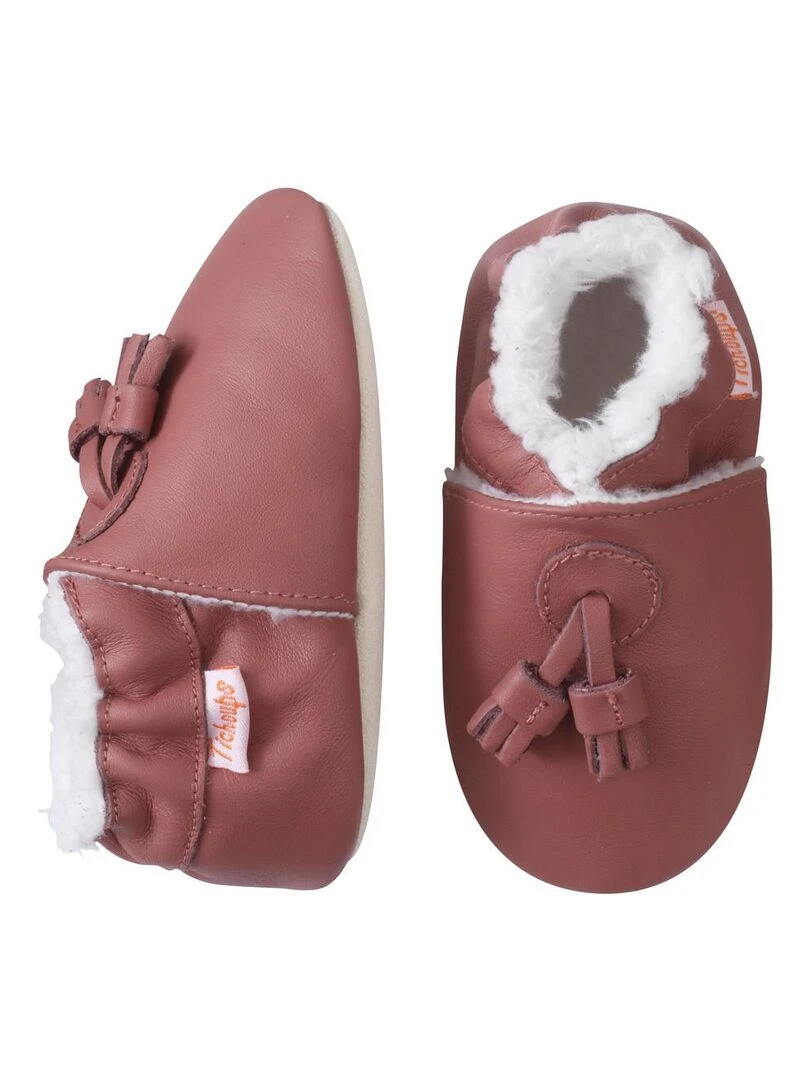 Chaussons cuir souple havane à pampilles fourrés Rouge bordeaux