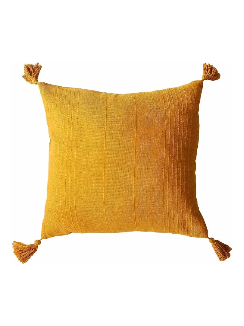 Coussin coton recyclé et pompons Jaune moutarde