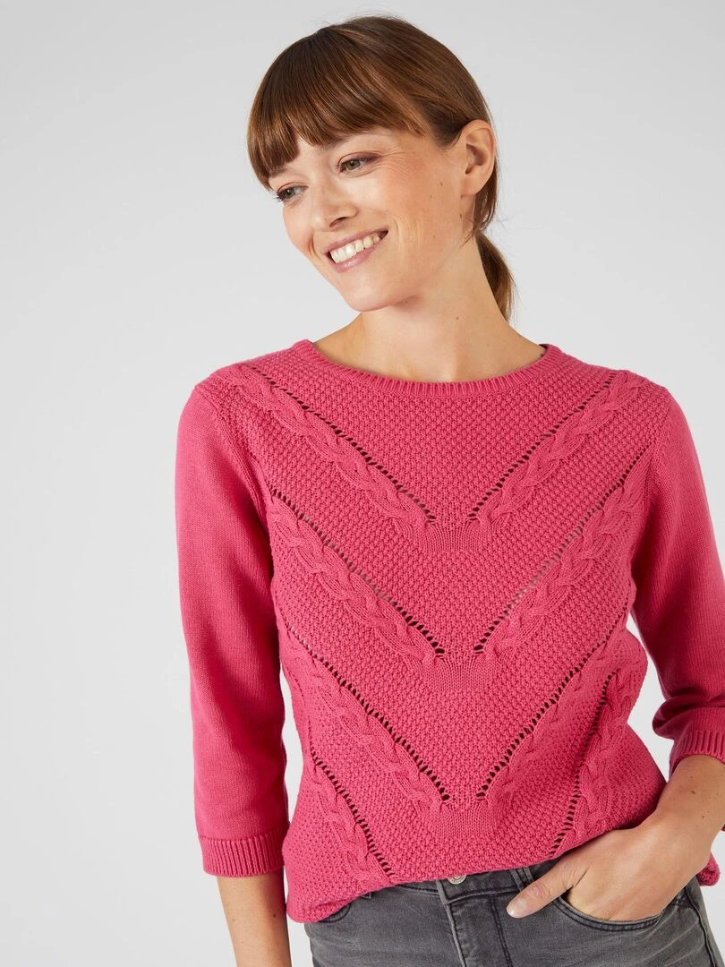 Pull torsadé col rond Damart Rose framboise