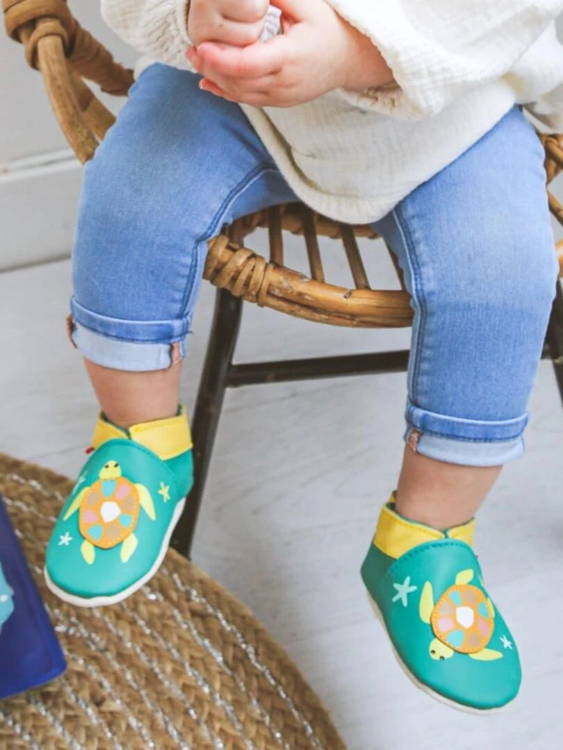 Chaussons bébé cuir souple Téa la tortue   Vert