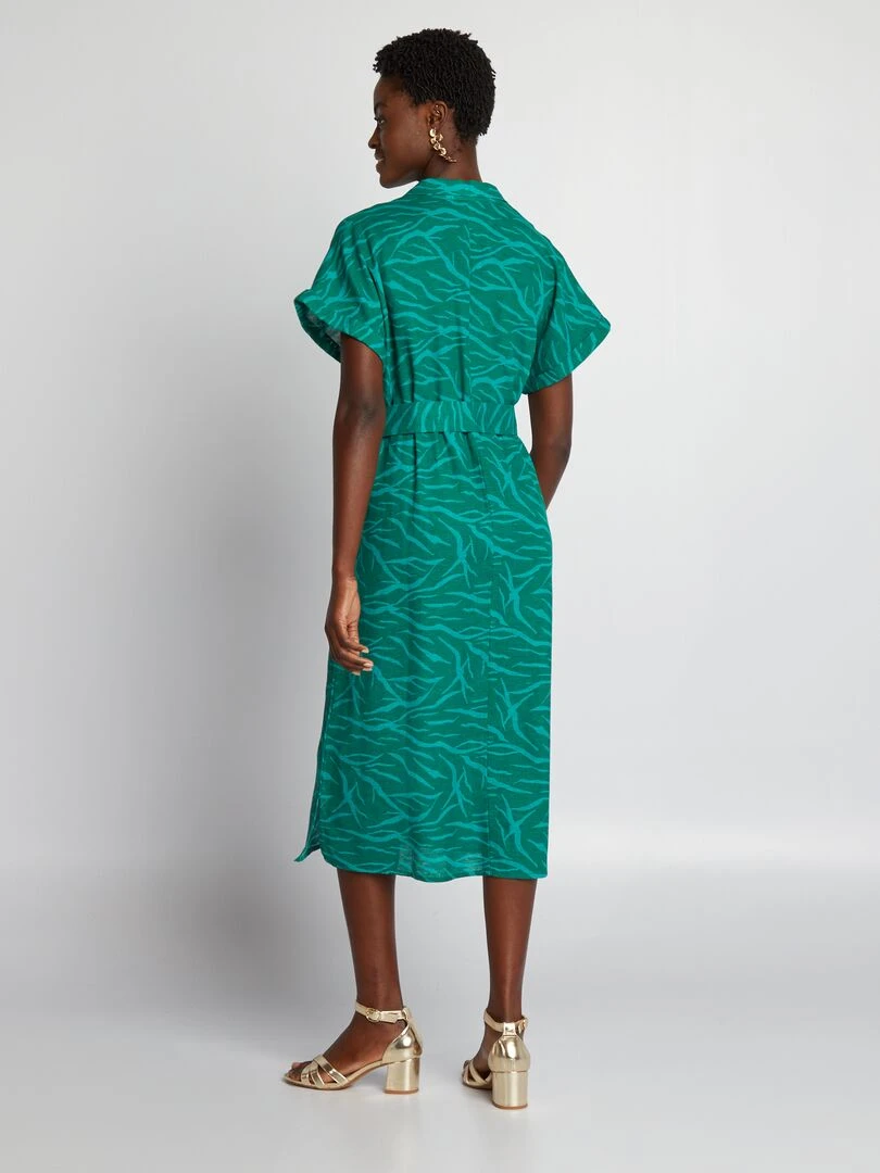 Robe midi avec lin mélangé et ceinture   Vert imprimé