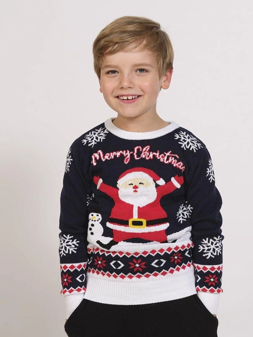 Pull de Noël "Trop content" junior Taille enfant Bleu Blanc