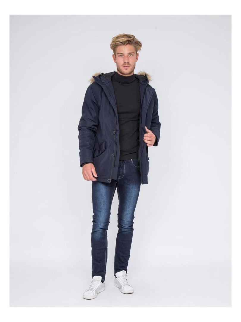 Parka mi longue capuche ZALIX   Bleu marine