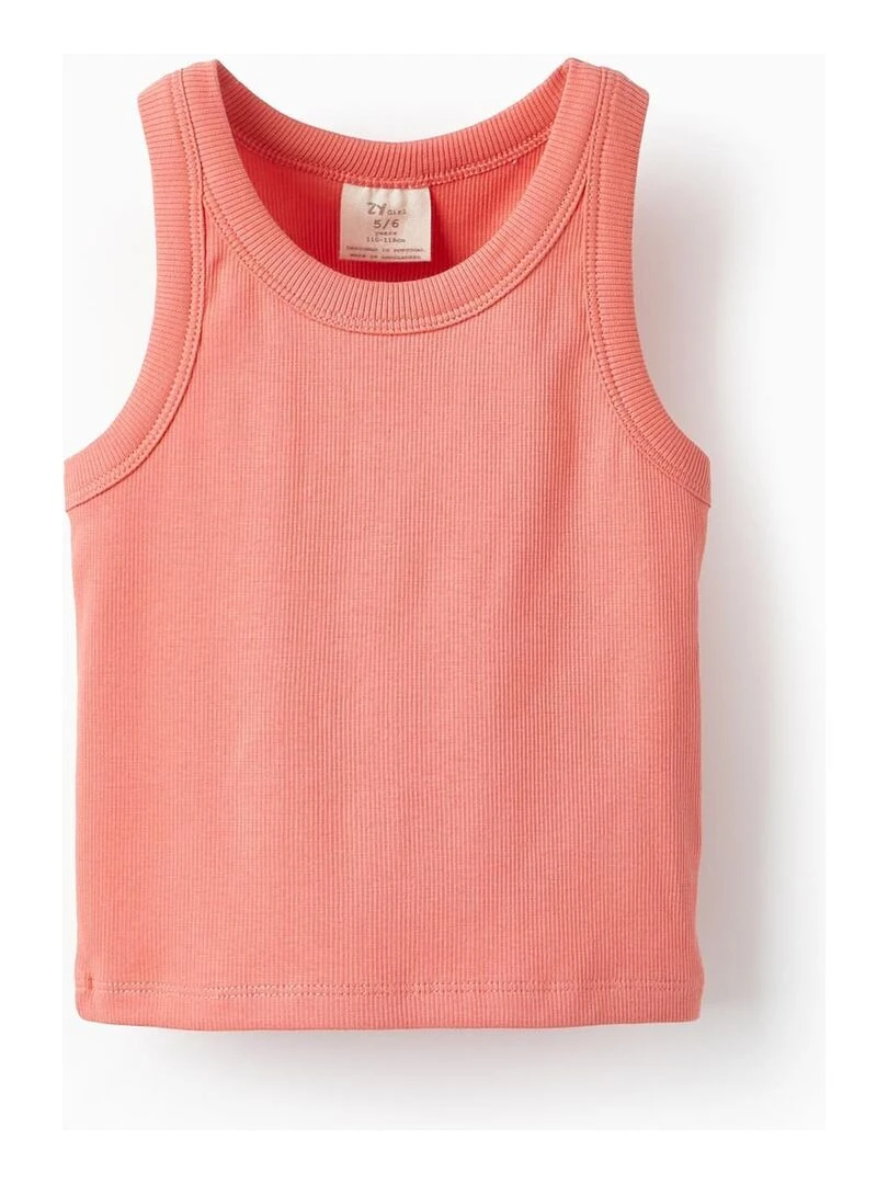 T shirt côtelée pour fille manches courtes Orange corail