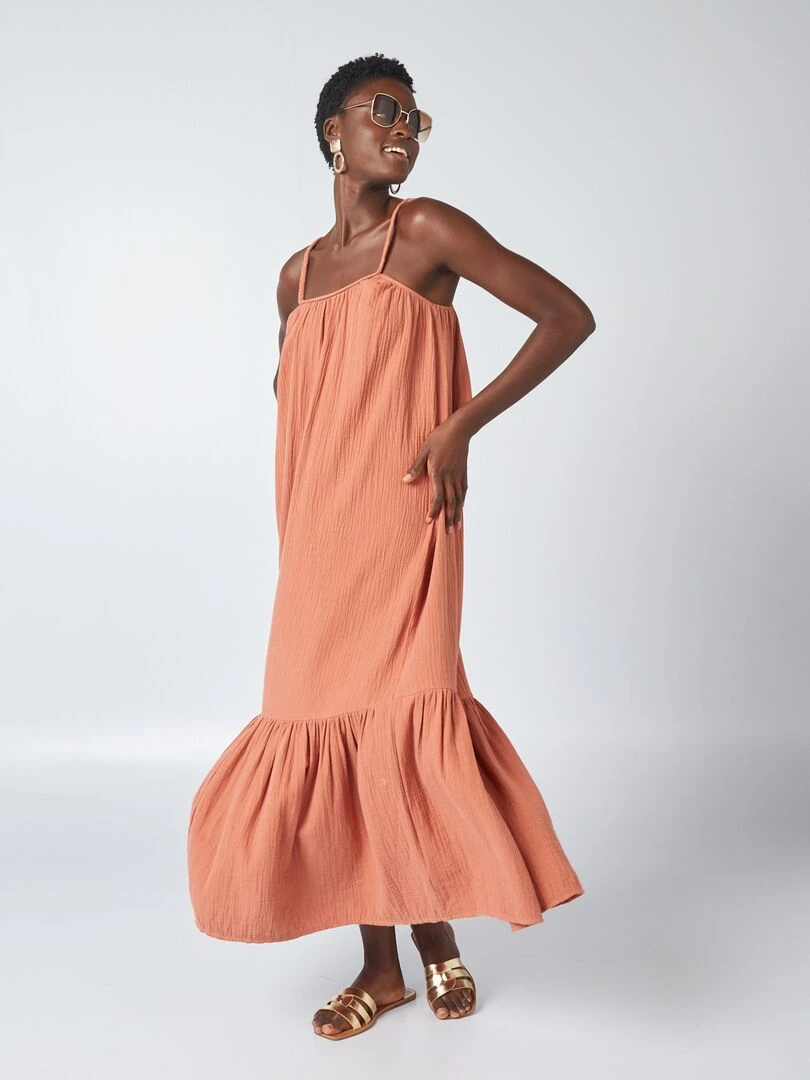 Robe longue à bretelles tressées   Marron