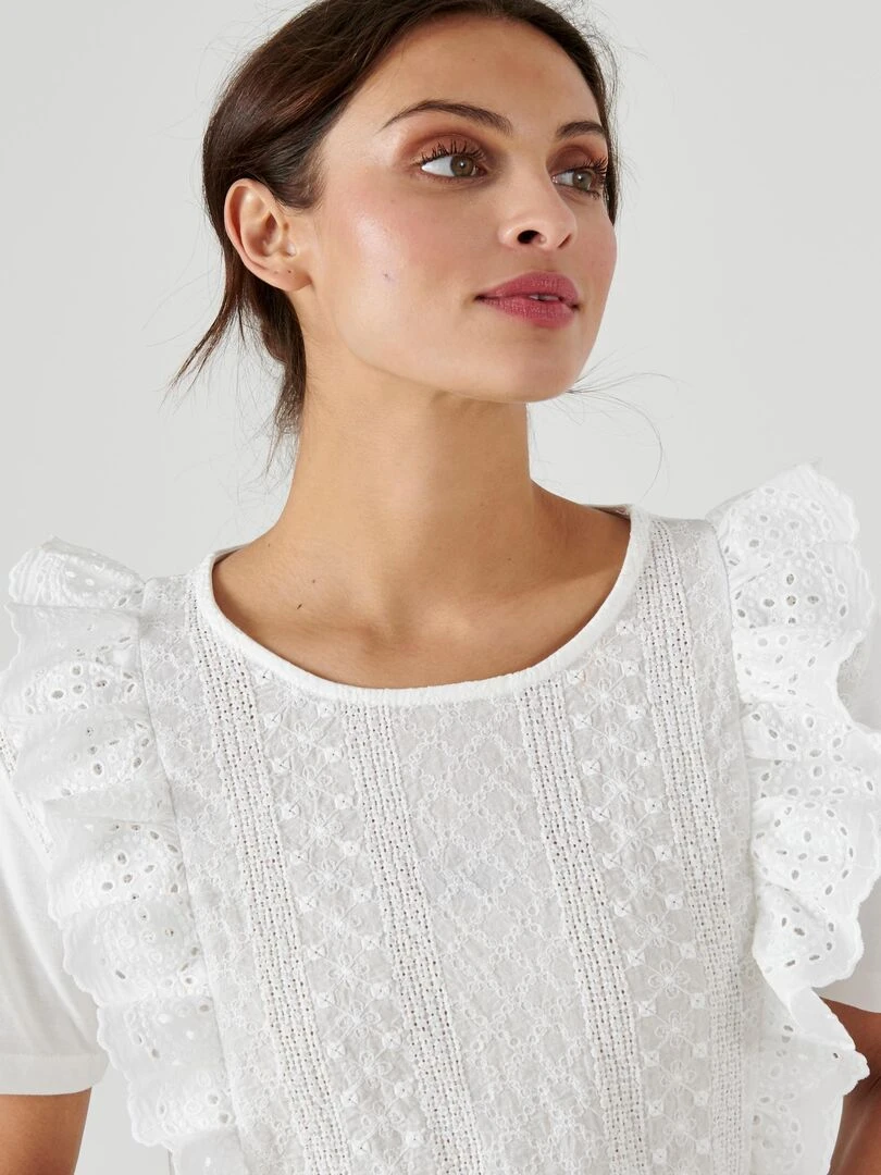 T shirt bi matière broderie anglaise   Damart   Blanc Ecru Blanc