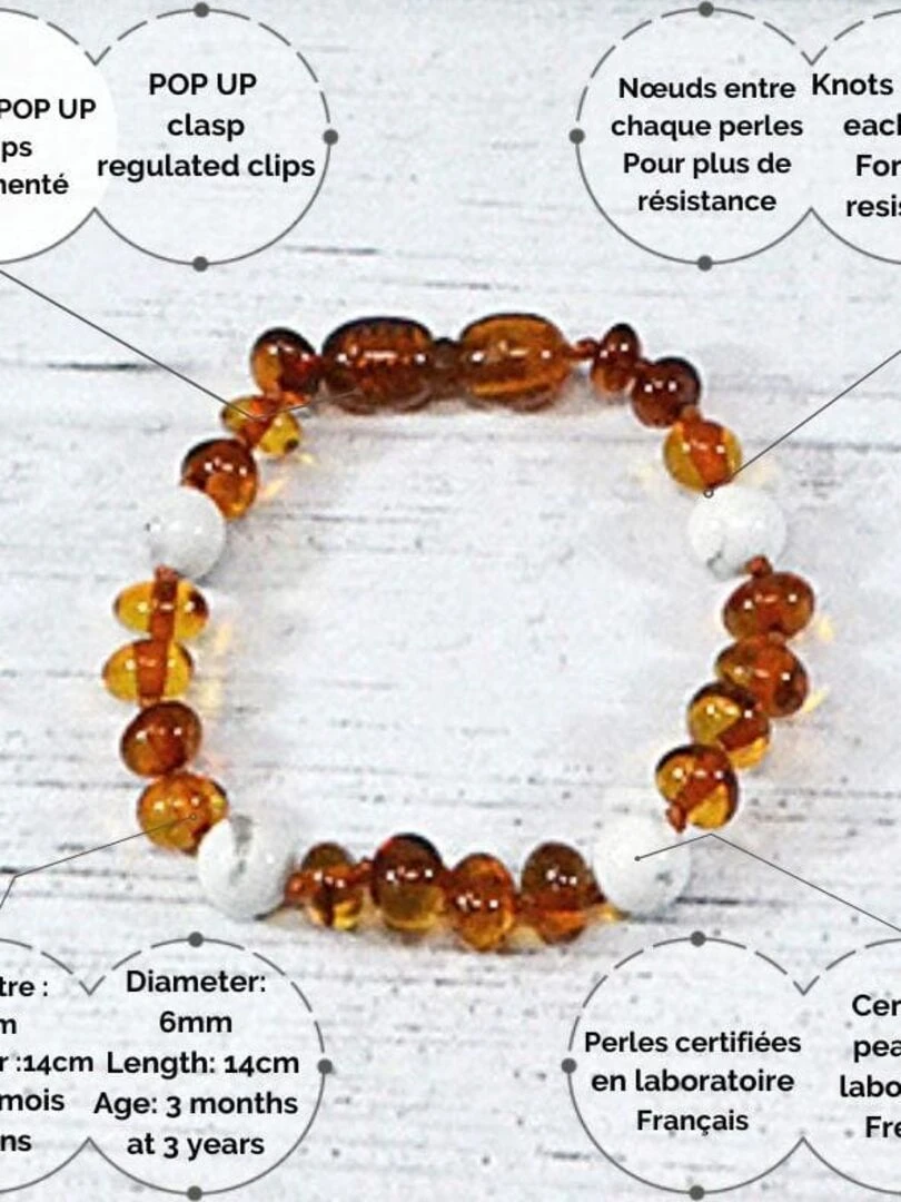 Bracelet bébé   Ambre et pierres naturelles   Ambre Cognac / Howlite   Blanc