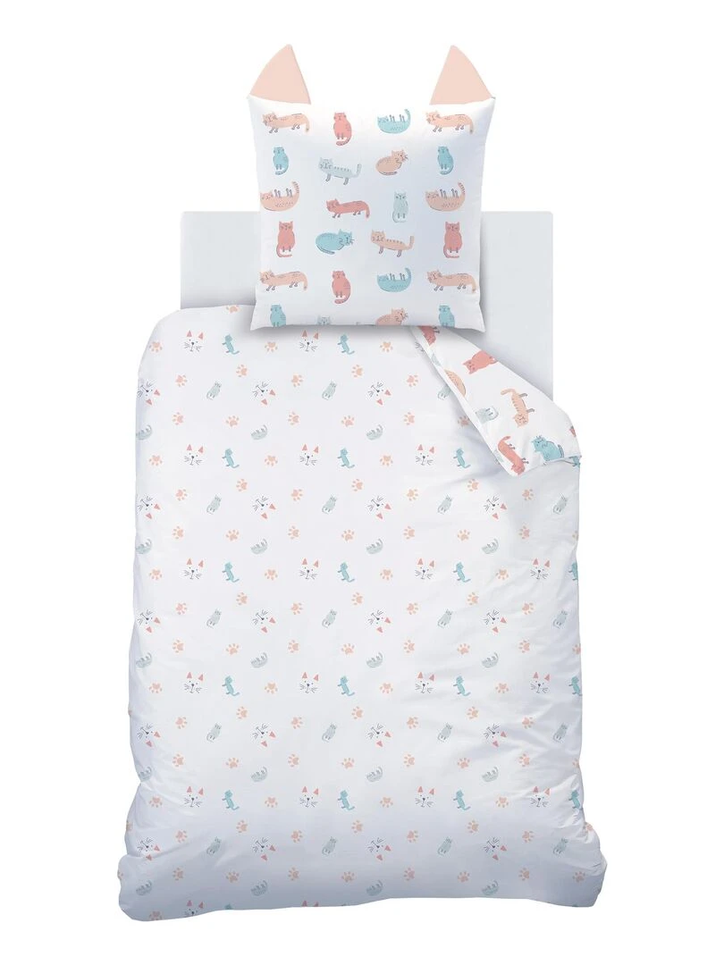 Parure de lit imprimée 100% coton  MIAOU   Blanc