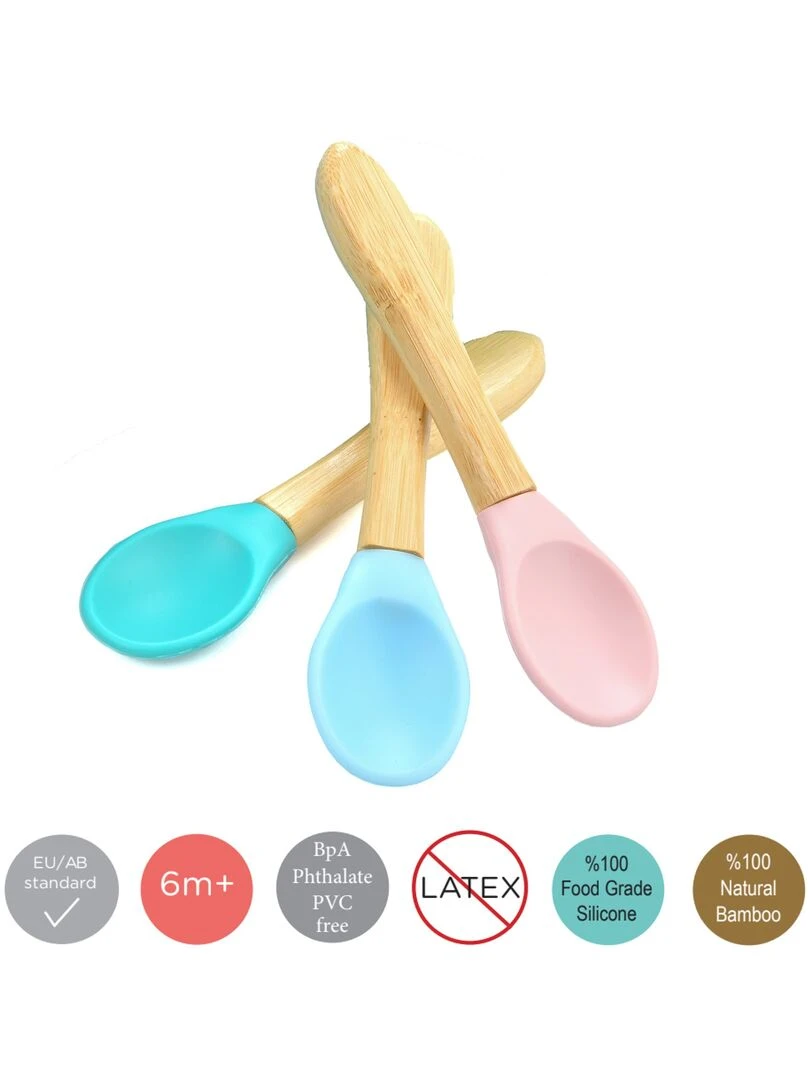 Cuillères bébé en bambou et  silicone (lot de 2)   Rose