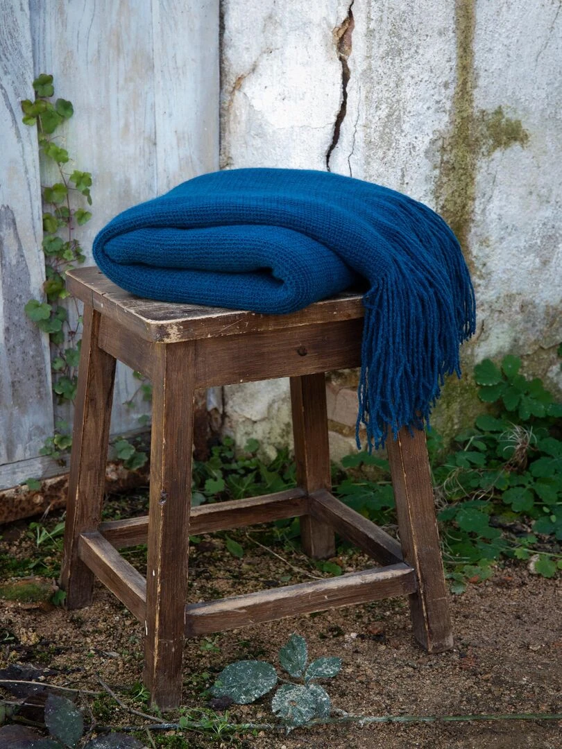 Plaid maille a franges Collection Sacha Bleu