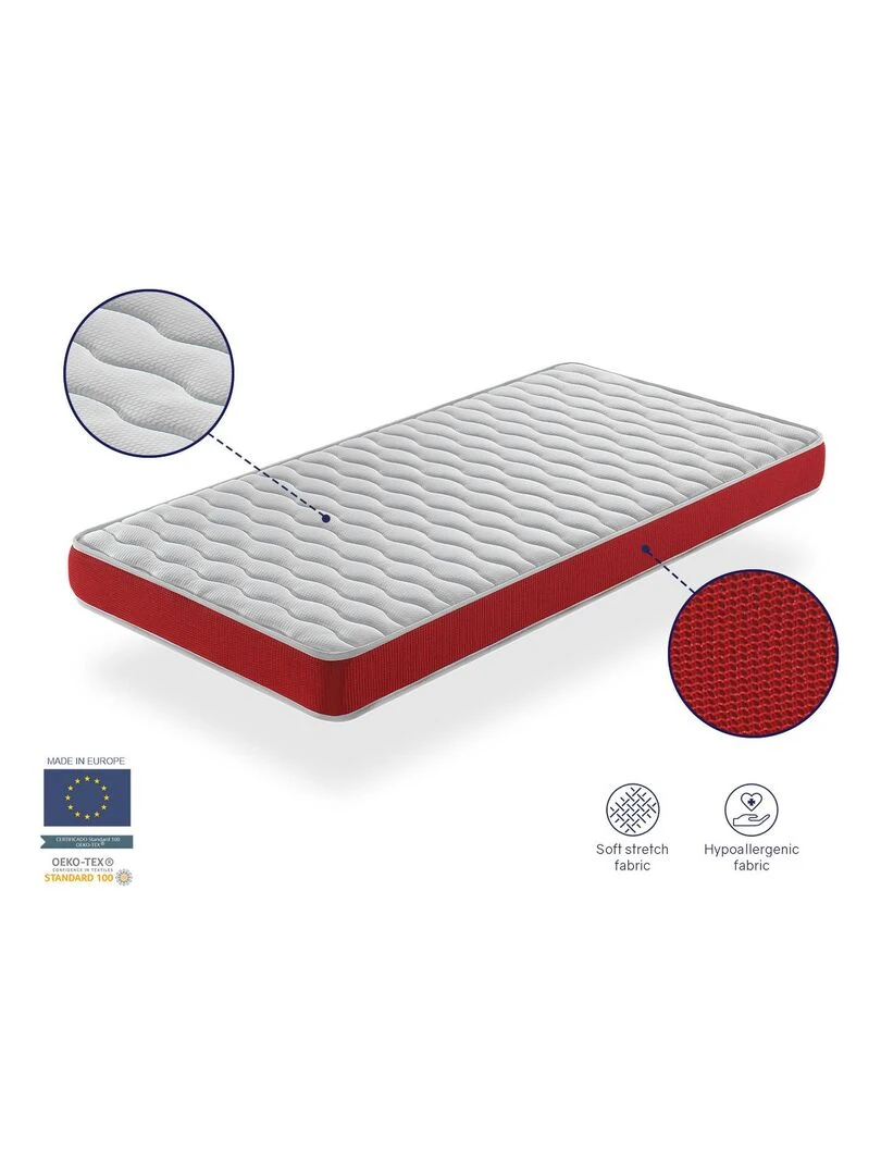 Matelas bebe 60x120 VELVET mousse Epaisseur 11 cm Respirante et ergonomique. Fermete ideal Blanc Rouge