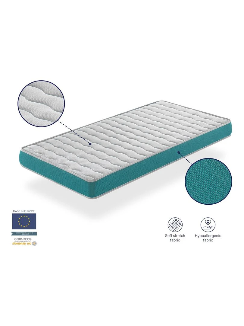 Matelas bebe 70x140 EKOZEN mousse Epaisseur 11 cm Respirante et ergonomique. Fermete ideal Blanc Vert