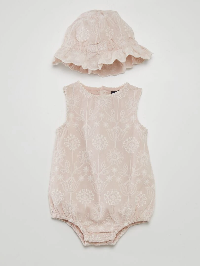 Ensemble bob + barboteuse brodée Rose pâle