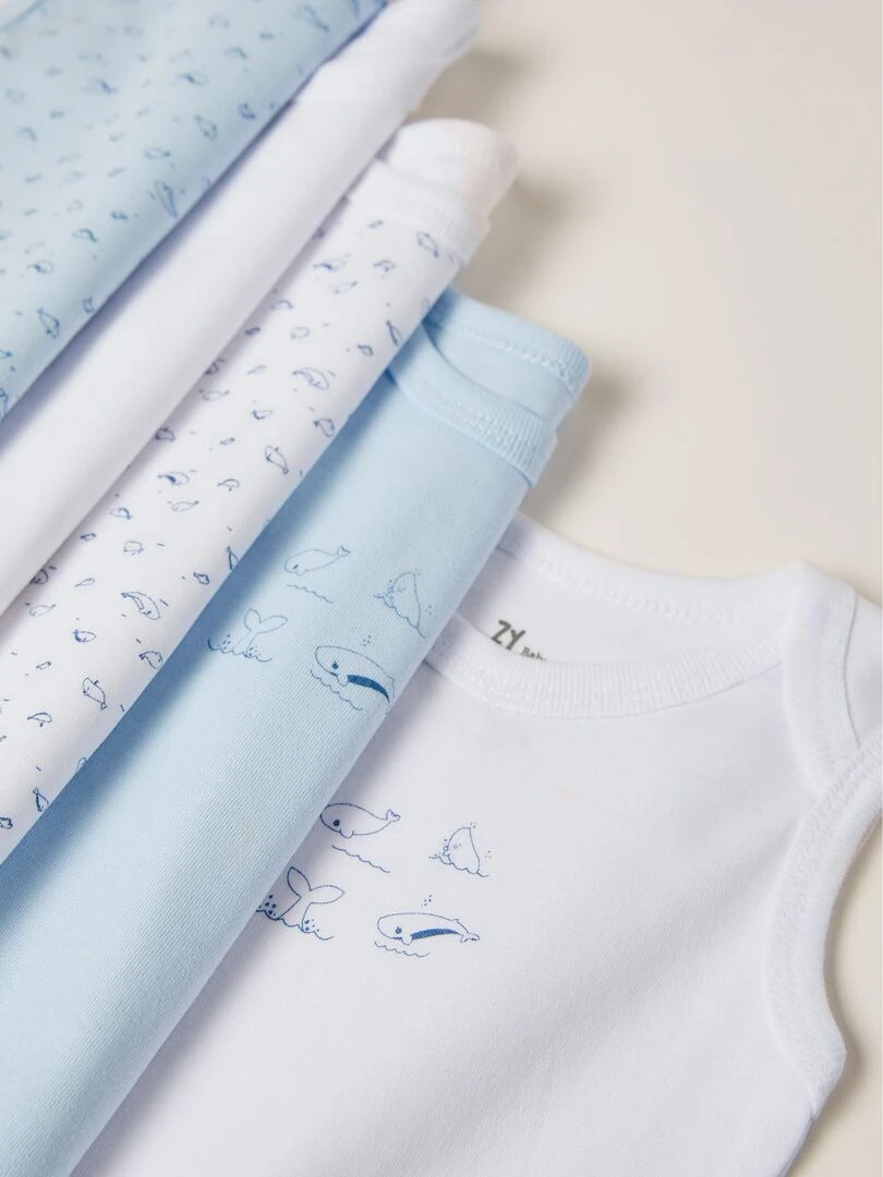 Pack 5 Bodies sans manches pour nouveau né et bébé garçon 'Whales' manches courtes ESSENTIALS LINE   Blanc
