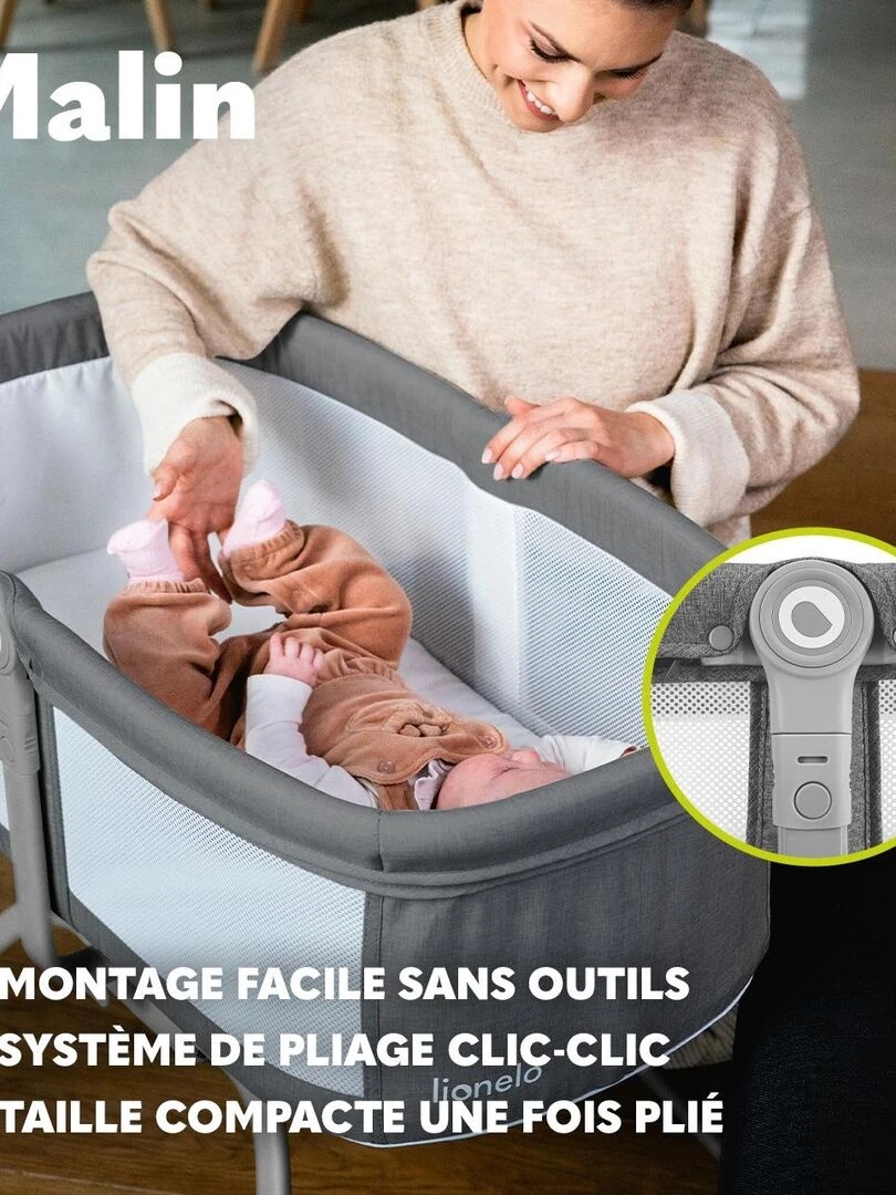 LIONELO Malin Lit Bébé Berceau Lit parapluie Jusqu'à 9kg Avec matelas Sac de transport Gris Blanc