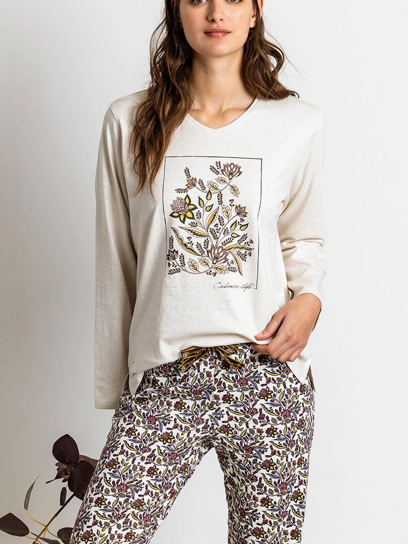 Pyjama pantalon top manches longues Cachemire Natura   Beige