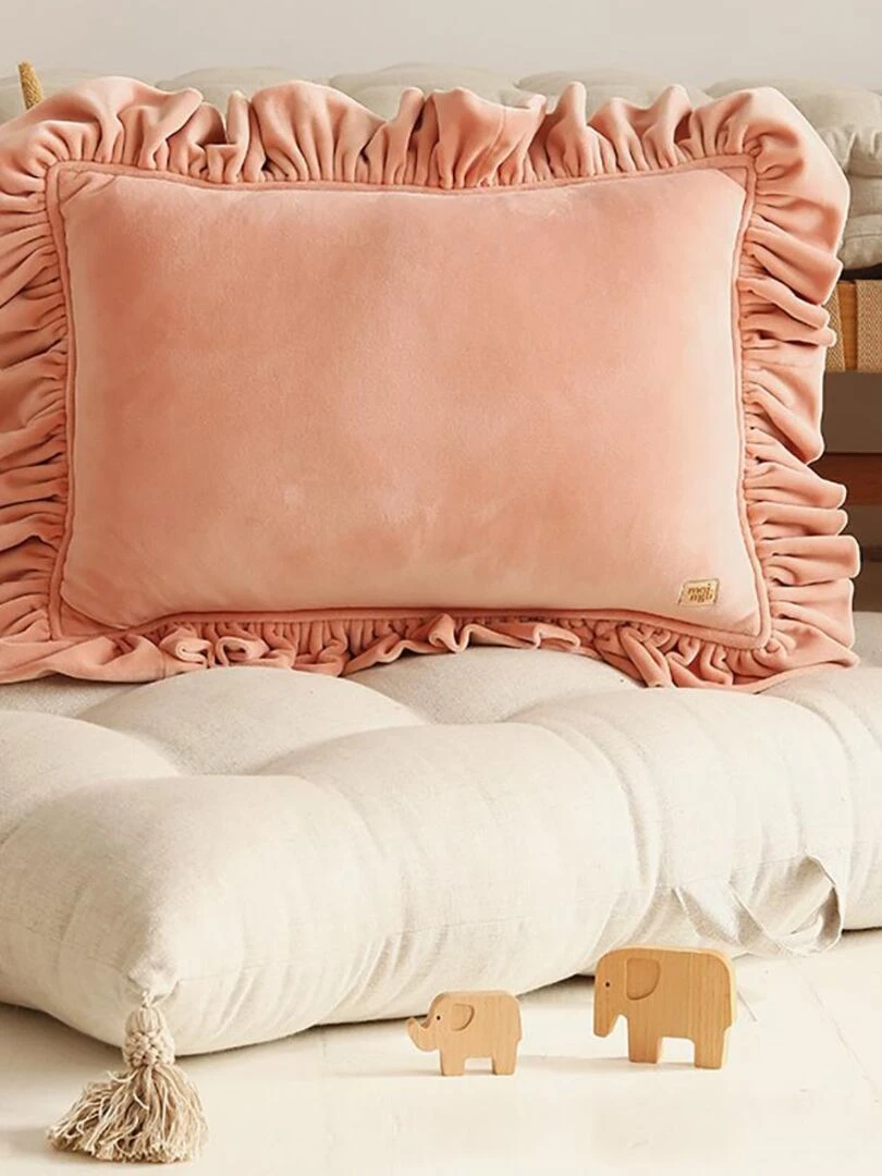 Coussin velours avec volant Pêche clair   Rose rouge