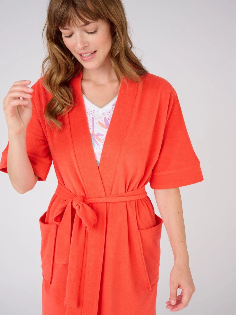 Robe de chambre forme kimono maille bouclette Damart Rouge