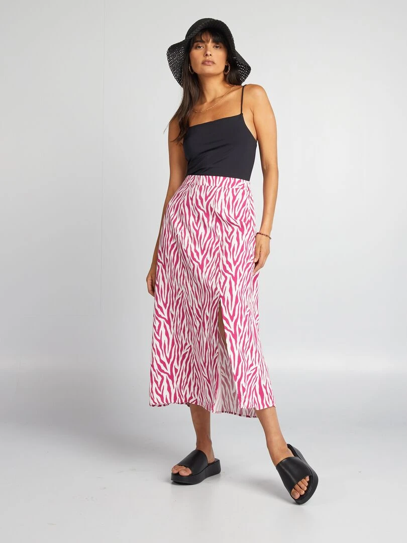Jupe fluide midi imprimée rose/bla c