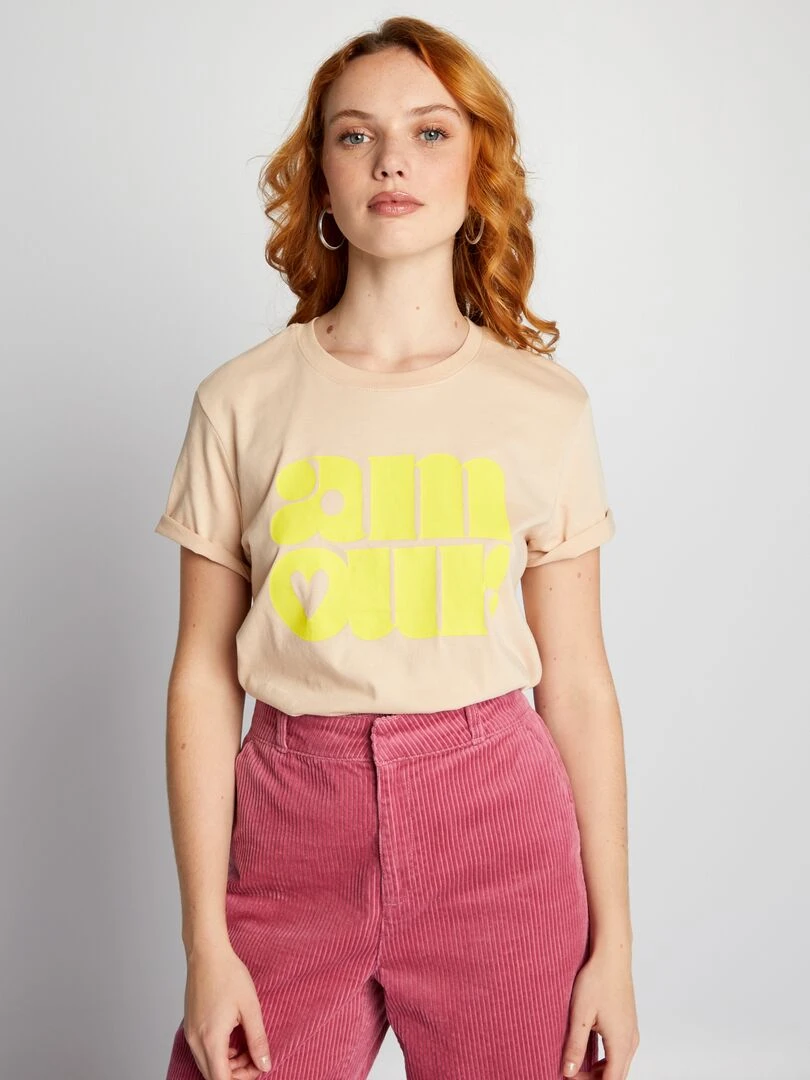 T shirt en jersey imprimé Beige 'amour'