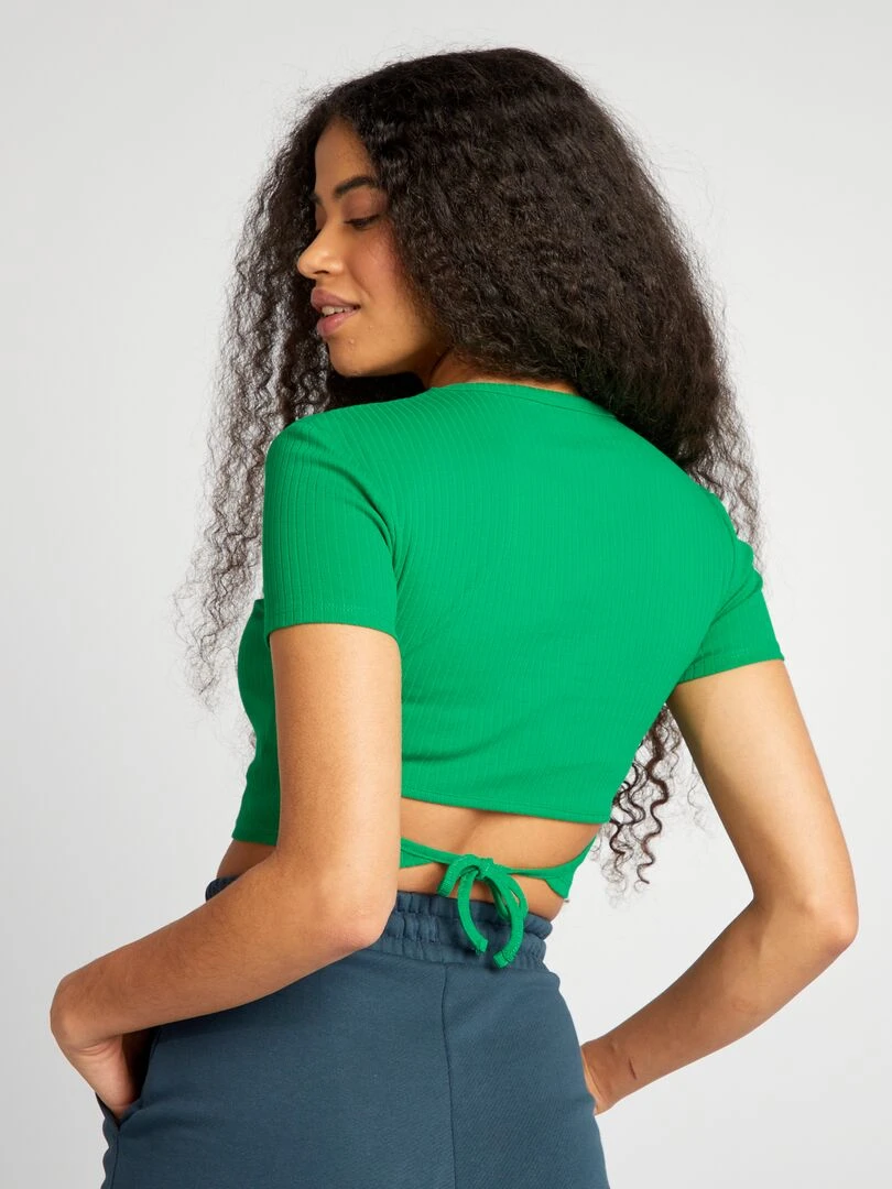 T shirt cropped côtelé avec liens Vert