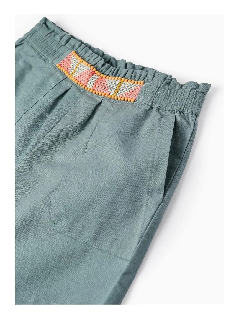 Shorts En Coton Et Lin Avec Broderies Et Perles Pour Fille   Vert
